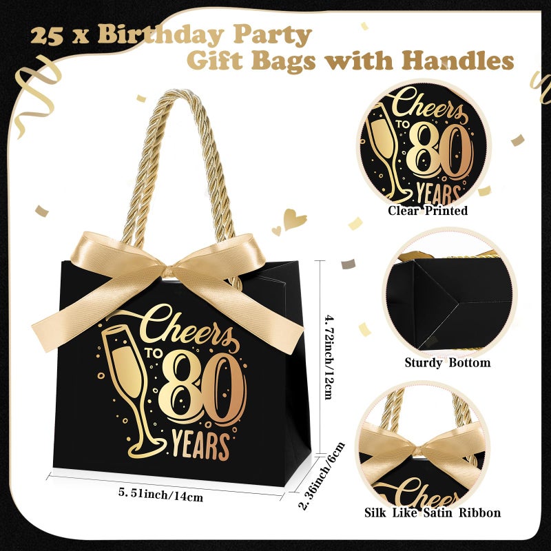 Clysee 25 Pcs Mini Birthday Gift Bags with Handles Black and Gold Party Favor Bags Bulk for Birthday Wedding Anniversary Supplies Decorations, 5.51 x 2.36 x 4.72 Inches (Cheers to 80) - Image 2