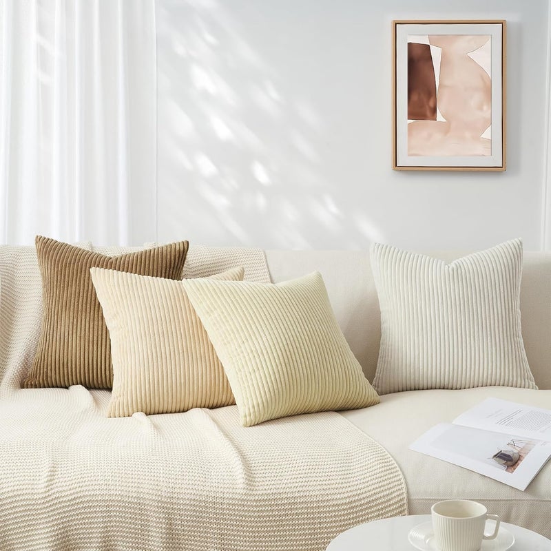 غطاء وسادة ، مقاس 45 × 45 سم، بلون أبيض كريمي، مجموعة من 4 قطع، بنسيج الكوردوروي، مناسب للأريكة، السرير، غرفة النوم، البالكوني، بتصميم مخطط. - Image 3