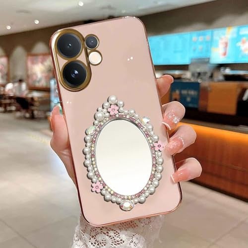 KC Back Cover for Vivo V60 5G / V60e 5G / Vivo T4 Pro 5G Pearl Flower Mirror Electroplated Soft Silicone Camera Protection Case - Pink - Image 4