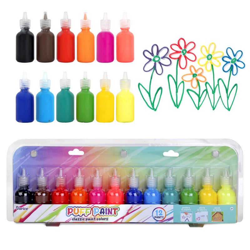 Darice Puff Paint 12 Pack 3D Fabric Paint Classic Colors Permanent Nontoxic Paint Set for Kids Ages 3