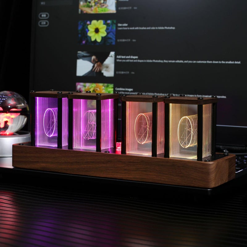 Adventurers Nixie Tube Clock  Digital Tube Desk Clock Retro Modern Wooden Clock LED Digital Clock Full Color Custom RGB and 1224h Display The to Decorate The Room 4 Numbers
