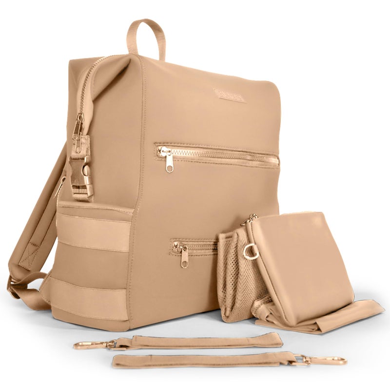 BUNSO Baby BUNSO Neoprene Diaper Bag Minimalist Backpack Diaper Bag with Pouch Changing Pad and Stroller Straps Water Resistant and Lightweight Baby Diaper Bag Backpack Womens and Mens Diaper Bag Khaki