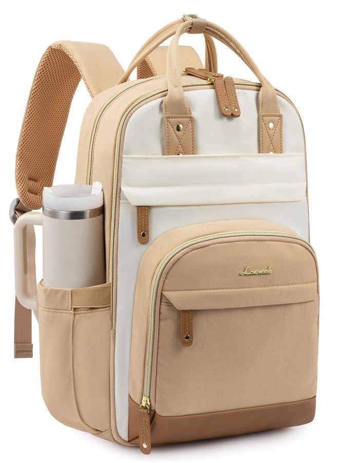لوف فوك حقيبة ظهر LOVEVOOK للكمبيوتر المحمول للنساء مع جيب كبير لحمل الأكواب، مقاس 15.6 بوصة، مناسبة للمدرسة والجامعة، وللممرضات والمعلمات، وللعمل والسفر، ولأجهزة الكمبيوتر المحمولة، متوفرة بألوان بيج وأبيض مائل للبيج وأصفر ترابي. - Image 1