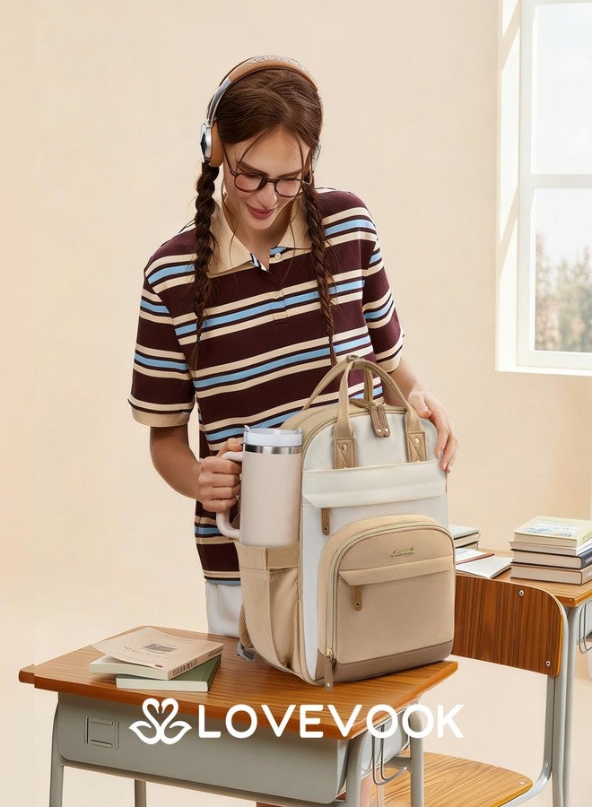 لوف فوك حقيبة ظهر LOVEVOOK للكمبيوتر المحمول للنساء مع جيب كبير لحمل الأكواب، مقاس 15.6 بوصة، مناسبة للمدرسة والجامعة، وللممرضات والمعلمات، وللعمل والسفر، ولأجهزة الكمبيوتر المحمولة، متوفرة بألوان بيج وأبيض مائل للبيج وأصفر ترابي. - Image 2
