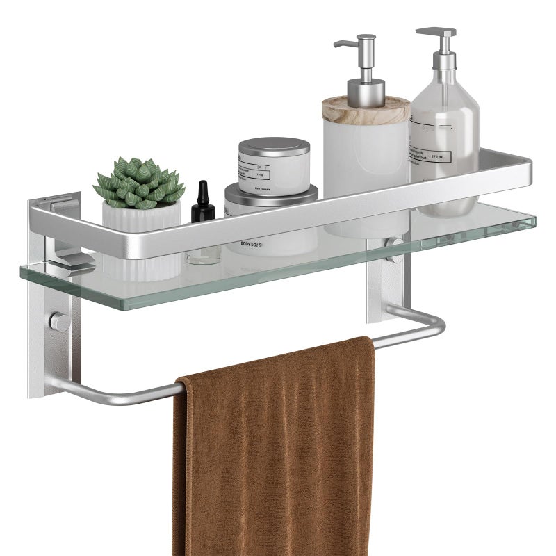 Danpoo Bathroom Wall Shelf with Towel Bar Clear Tempered Glass Hand Towel Holder Matte Silver