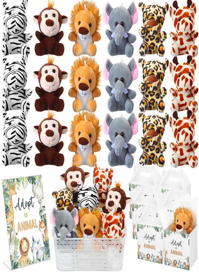 Vinsot 39 Pcs Mini Safari Stuffed Animals Set Adopt an Animal Favors 18 Small Jungle Forest Animal Plush Toys 18 Kraft Paper Boxes Acrylic Sign Plastic Basket for Birthday Supplies Gifts - Image 1