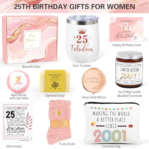 Frerdui 25th Birthday Gifts for Women Vintage 2001 Happy 25th Birthday Gifts Basket for Women Unique Gift Ideas for 25 Year Old Female Her Friend Daughter Sister Cool 9 in 1 Bday Gift Turning 25 Year Old - Image 3