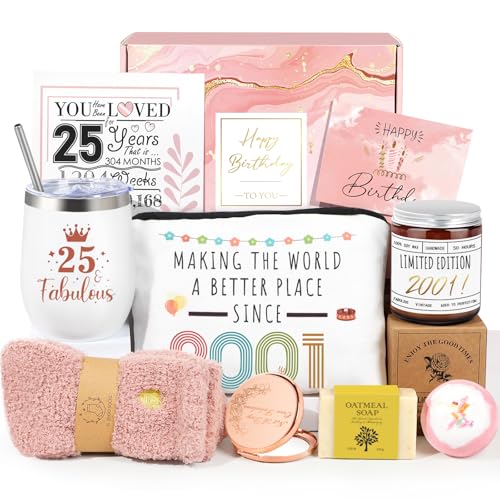 Frerdui 25th Birthday Gifts for Women Vintage 2001 Happy 25th Birthday Gifts Basket for Women Unique Gift Ideas for 25 Year Old Female Her Friend Daughter Sister Cool 9 in 1 Bday Gift Turning 25 Year Old - Image 1