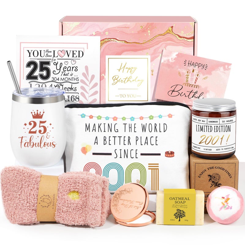Frerdui 25th Birthday Gifts for Women Vintage 2001 Happy 25th Birthday Gifts Basket for Women Unique Gift Ideas for 25 Year Old Female Her Friend Daughter Sister Cool 9 in 1 Bday Gift Turning 25 Year Old - Image 2