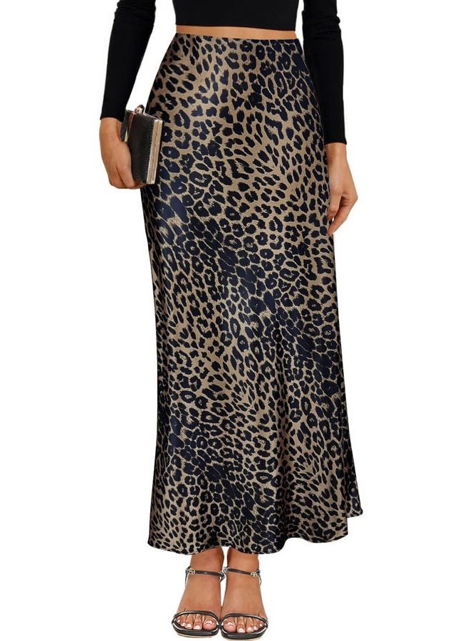 Teddify Women's Leopard Print Satin Maxi Skirt High Waisted Elastic Waistband Silk A-Line Casual Party 2024 Summer Long Skirts（Leopard Brown, X-Large） - Image 1