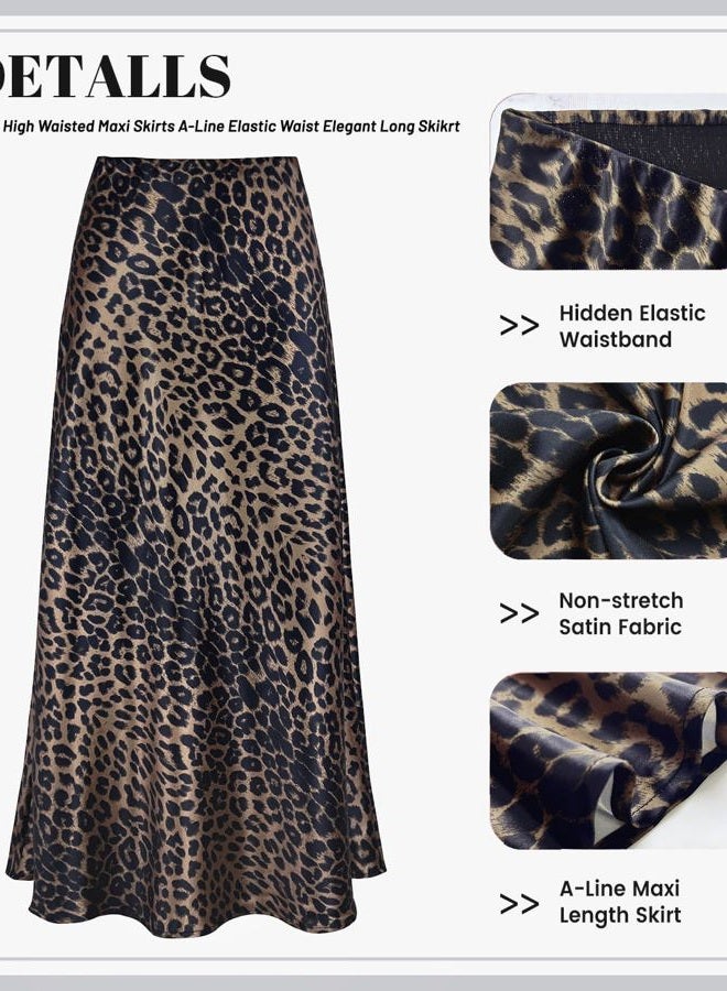 Teddify Women's Leopard Print Satin Maxi Skirt High Waisted Elastic Waistband Silk A-Line Casual Party 2024 Summer Long Skirts（Leopard Brown, X-Large） - Image 5