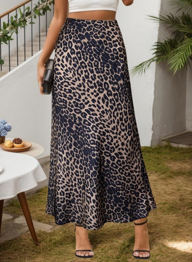 Teddify Women's Leopard Print Satin Maxi Skirt High Waisted Elastic Waistband Silk A-Line Casual Party 2024 Summer Long Skirts（Leopard Brown, X-Large） - Image 2