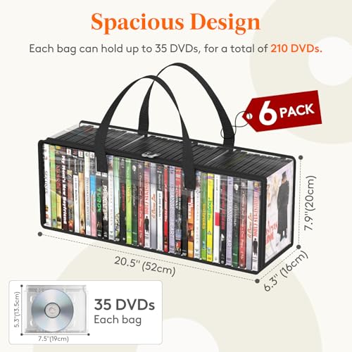 Lifewit DVD Storage Bags 6 Pack, Clear PVC DVD Case Holder with Handles, Front Window Zipper Design, Stackable Media Organizer for Blu Ray Disc, Movie Cases, VHS Box, Hold 210 Pcs DVDs (35 Each) - Image 4