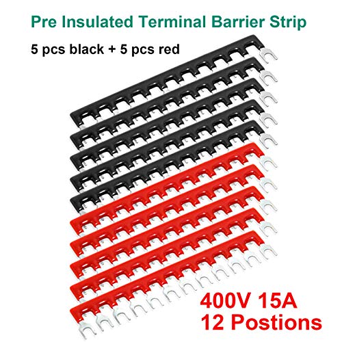 MILAPEAK Terminal Block and Strip - 5pcs 12 Positions 600V 15A Dual Row Screw Terminal Blocks with Cover + 10pcs 400V 15A 12 Positions Pre-Insulated Terminal Barrier Jumper Strips Black & Red - Image 5