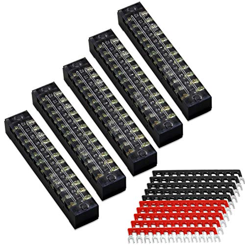 MILAPEAK Terminal Block and Strip - 5pcs 12 Positions 600V 15A Dual Row Screw Terminal Blocks with Cover + 10pcs 400V 15A 12 Positions Pre-Insulated Terminal Barrier Jumper Strips Black & Red - Image 1