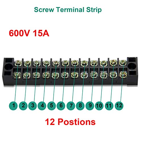 MILAPEAK Terminal Block and Strip - 5pcs 12 Positions 600V 15A Dual Row Screw Terminal Blocks with Cover + 10pcs 400V 15A 12 Positions Pre-Insulated Terminal Barrier Jumper Strips Black & Red - Image 4