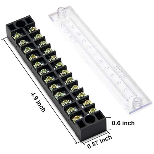 MILAPEAK Terminal Block and Strip - 5pcs 12 Positions 600V 15A Dual Row Screw Terminal Blocks with Cover + 10pcs 400V 15A 12 Positions Pre-Insulated Terminal Barrier Jumper Strips Black & Red - Image 2