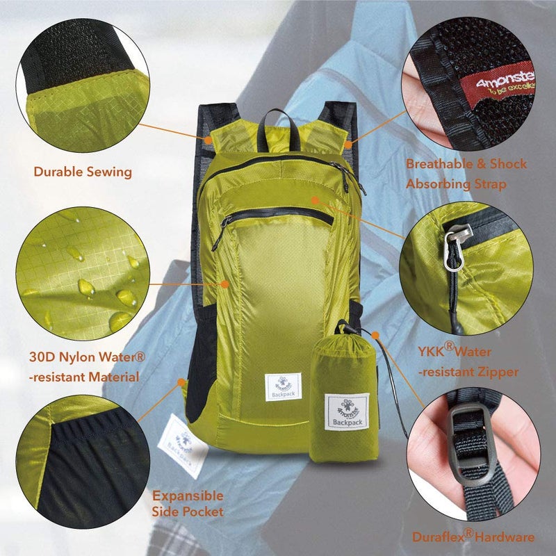 4Monster Hiking Daypack,Water Resistant Lightweight Packable Backpack For Travel Camping Outdoor (Yellow Green, 24L) - Image 2