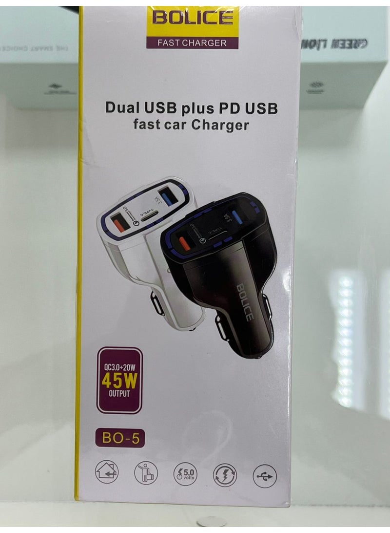 BOLICE B0-5 Dual USB Plus PD Fast Car Charger QC3.0 + 20W & 45W Output
