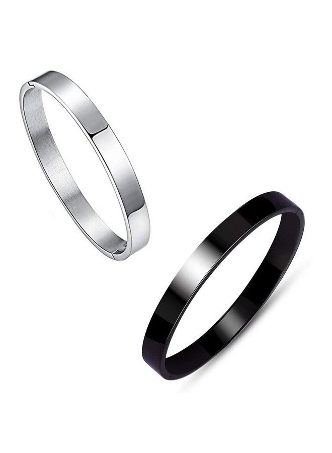 Okos Men's Fashion Jewellery Pack of 2 Black and Rhodium Finish High Polished Stylish Stainless Steel Kada Style Bracelet Combo Set For Boys and Men BR1000049COM - Image 1