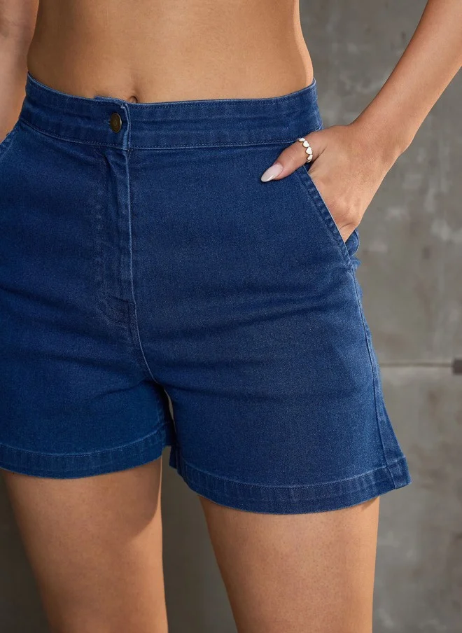 SASSAFRAS Navy Blue High-Rise Denim Shorts for Women
