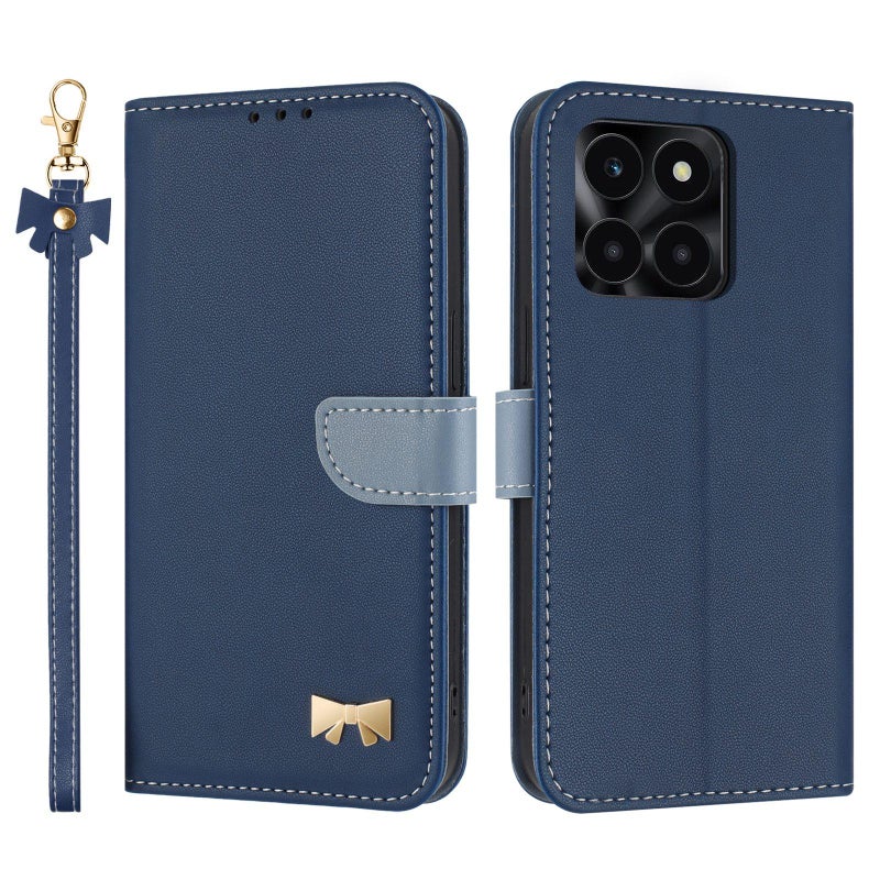 erorex For Honor X6c 4G Metal Bow Leather Phone Case with Hand Strap(Dark Blue) - Image 1