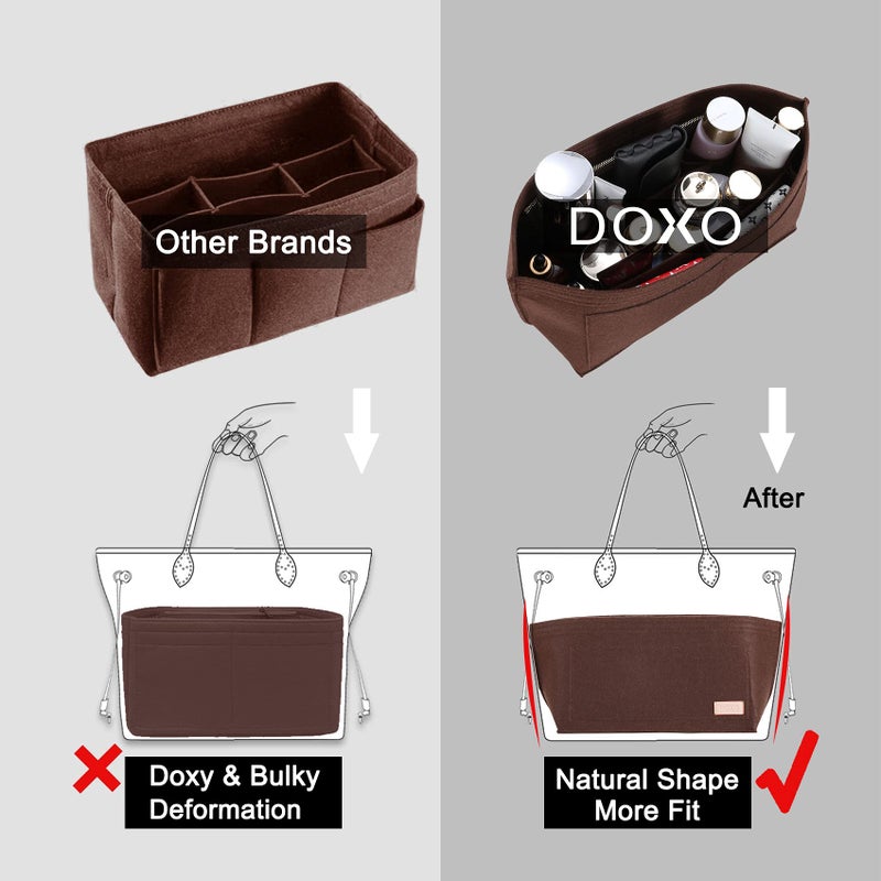 Doxo Purse Organizer Insert for Handbags & Base Shaper 2pc Set, Felt Bag Organizer for Tote with 3 Sizes, Compatible with Neverful Speedy and More (PM-Brown-Medium) - Image 2