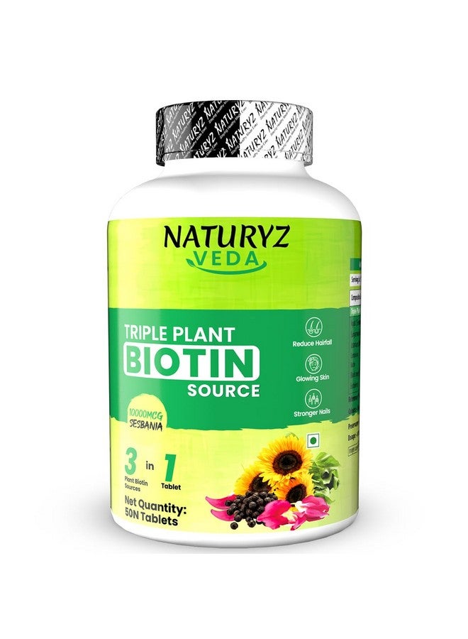 NATURYZ VEDA Triple Plant Biotin for Hair growth | 100% RDA Biotin| Sesbania Agati | Suryamukhi |Jatamansi | Black pepper | Better Absorption with 3 Vegan Sources | Stronger & Increased Hair density | Shinier Nails | Glowing Skin - 50 Tablets - Image 1