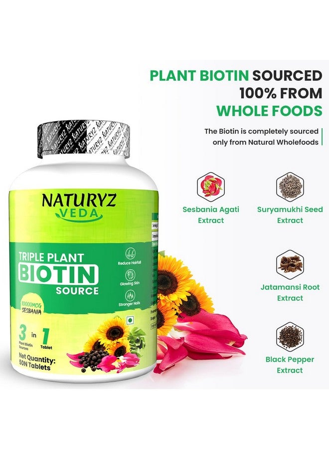 NATURYZ VEDA Triple Plant Biotin for Hair growth | 100% RDA Biotin| Sesbania Agati | Suryamukhi |Jatamansi | Black pepper | Better Absorption with 3 Vegan Sources | Stronger & Increased Hair density | Shinier Nails | Glowing Skin - 50 Tablets - Image 5