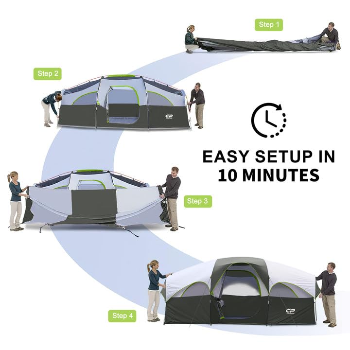 CAMPROS CP Tent 8 Person Camping Tents, Weather Resistant Family Tent, 5 Large Mesh Windows, Double Layer, Divided Curtain for Separated Room, Portable with Carry Bag - Deep Gray - Image 5