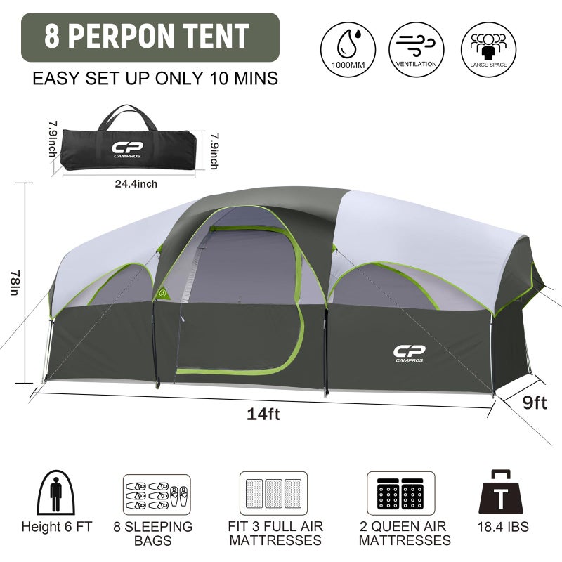 CAMPROS CP Tent 8 Person Camping Tents, Weather Resistant Family Tent, 5 Large Mesh Windows, Double Layer, Divided Curtain for Separated Room, Portable with Carry Bag - Deep Gray - Image 1