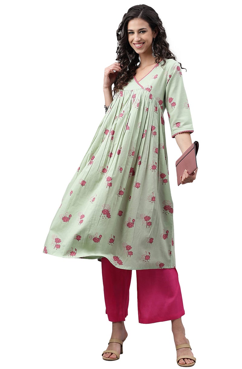 Janasya Women's Light Green Cotton Floral Printed Flared Kurta(JNE4124-KR-A-M) - Image 1