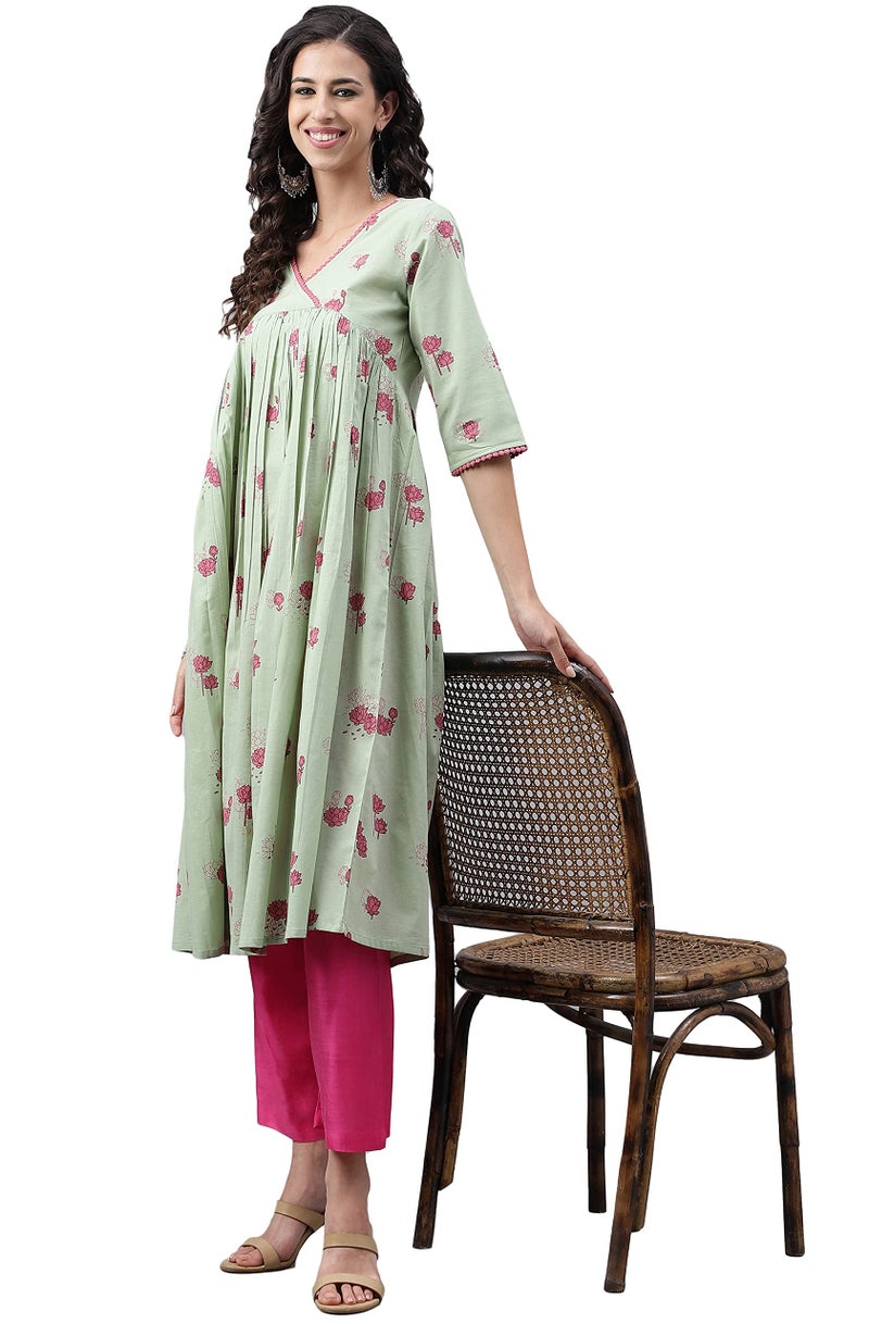Janasya Women's Light Green Cotton Floral Printed Flared Kurta(JNE4124-KR-A-M) - Image 3