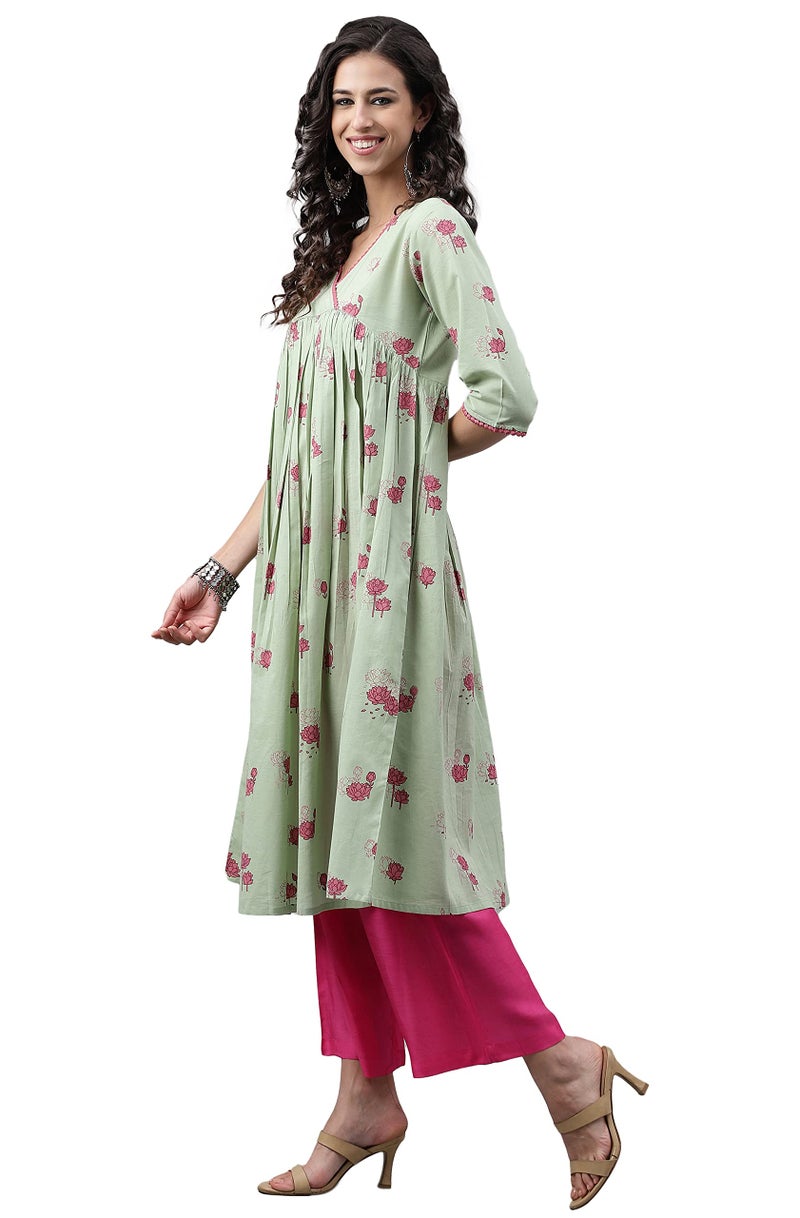 Janasya Women's Light Green Cotton Floral Printed Flared Kurta(JNE4124-KR-A-M) - Image 4