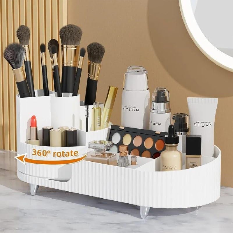 SHOPECOM Makeup Brush Holder Multi-functional 360 Degree Rotating Cosmetic Organizer Dressing Table Turntable Makeup Brush Lipstick Holder, rotating cosmetics brush holder with drawers - Image 2