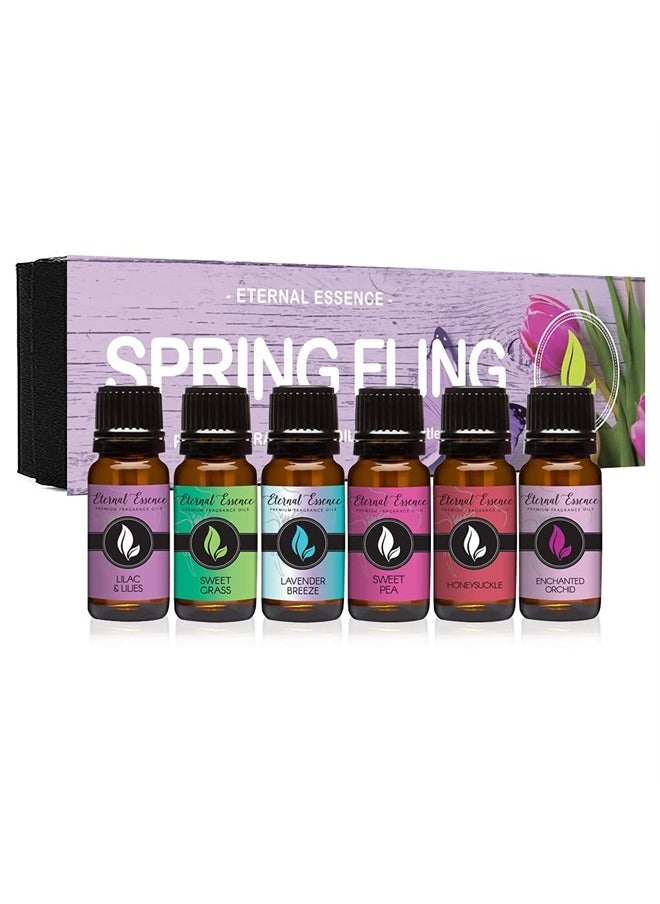 Eternal Essence Oils Spring Fling - Gift Set of 6 Premium Fragrance Oils - Sweet Grass, Lilac & Lilies, Lavender Breeze, Sweet Pea, Honeysuckle and Enchanted Orchid - 10ML  - Image 1