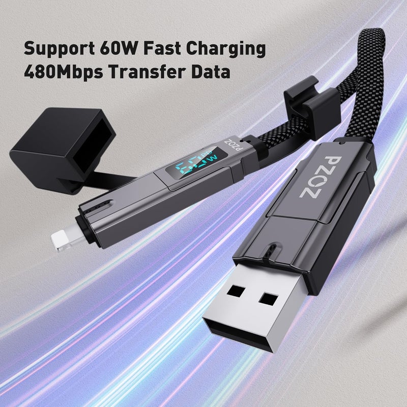 Pzoz 4-in-1 Short Charging Cable 0.18M, 60W Fast Charge Keychain Cord with LED Display, USB C to Lightning/Type-C Multi Charger for iPhone 17/16/15, Samsung S25, Power Bank - Image 2