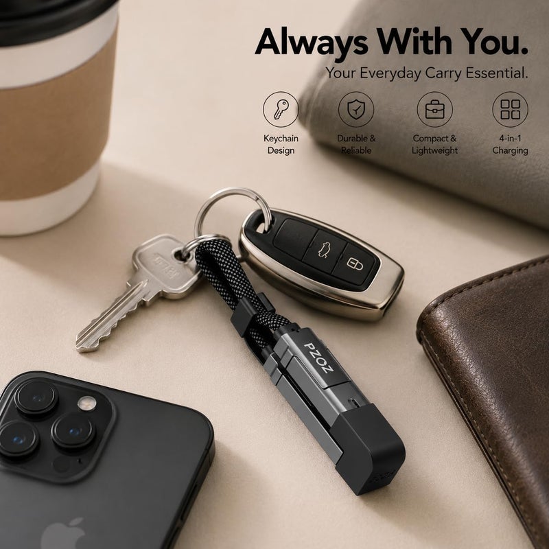 Pzoz 4-in-1 Short Charging Cable 0.18M, 60W Fast Charge Keychain Cord with LED Display, USB C to Lightning/Type-C Multi Charger for iPhone 17/16/15, Samsung S25, Power Bank - Image 4
