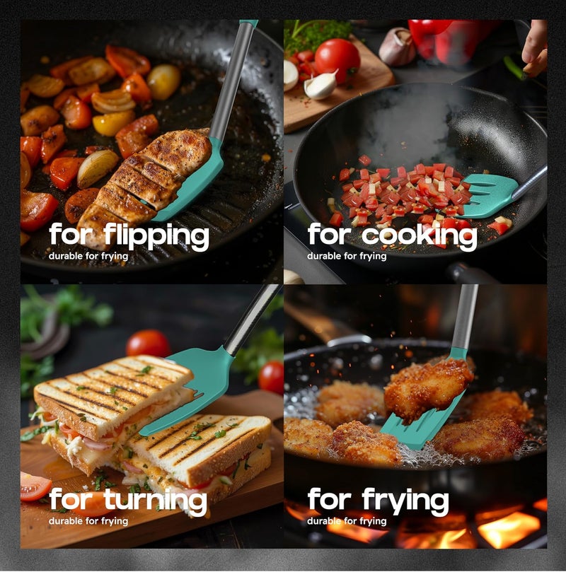 BAKEROYAL Silicone Spatula Set - Turner Spatulas Silicone Heat Resistant 600°F - Slotted & Solid Spatula for Cooking Fish, Eggs, Pancakes Flipper – Spatulas for kitchen use – Turquoise - Image 3