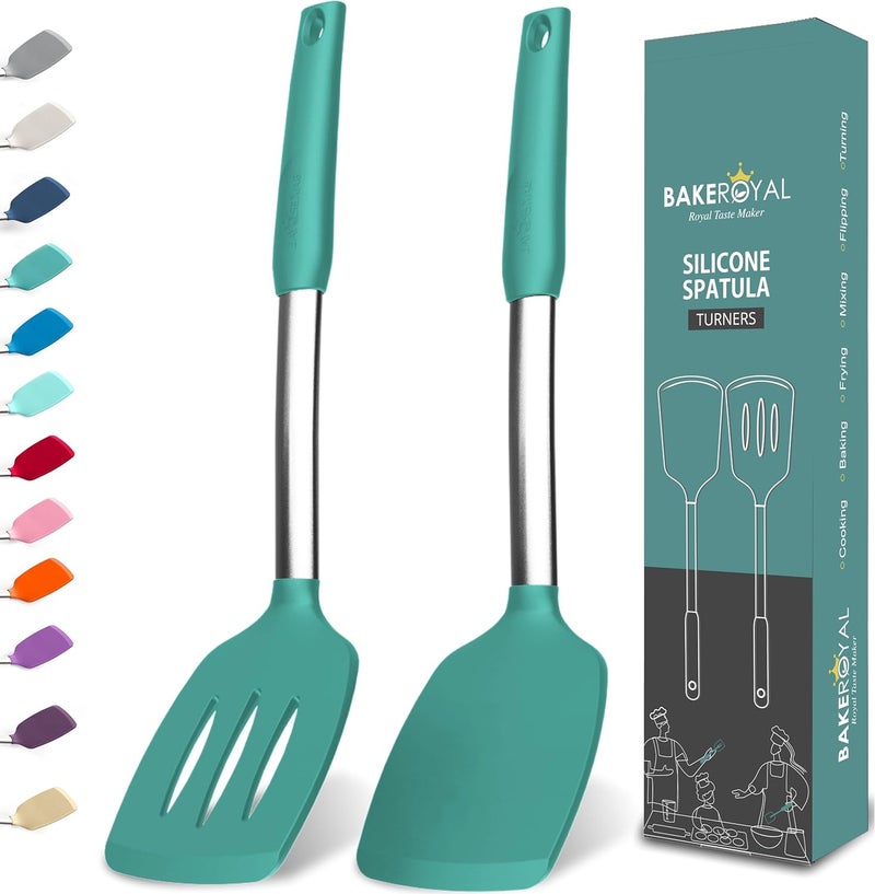 BAKEROYAL Silicone Spatula Set - Turner Spatulas Silicone Heat Resistant 600°F - Slotted & Solid Spatula for Cooking Fish, Eggs, Pancakes Flipper – Spatulas for kitchen use – Turquoise - Image 1