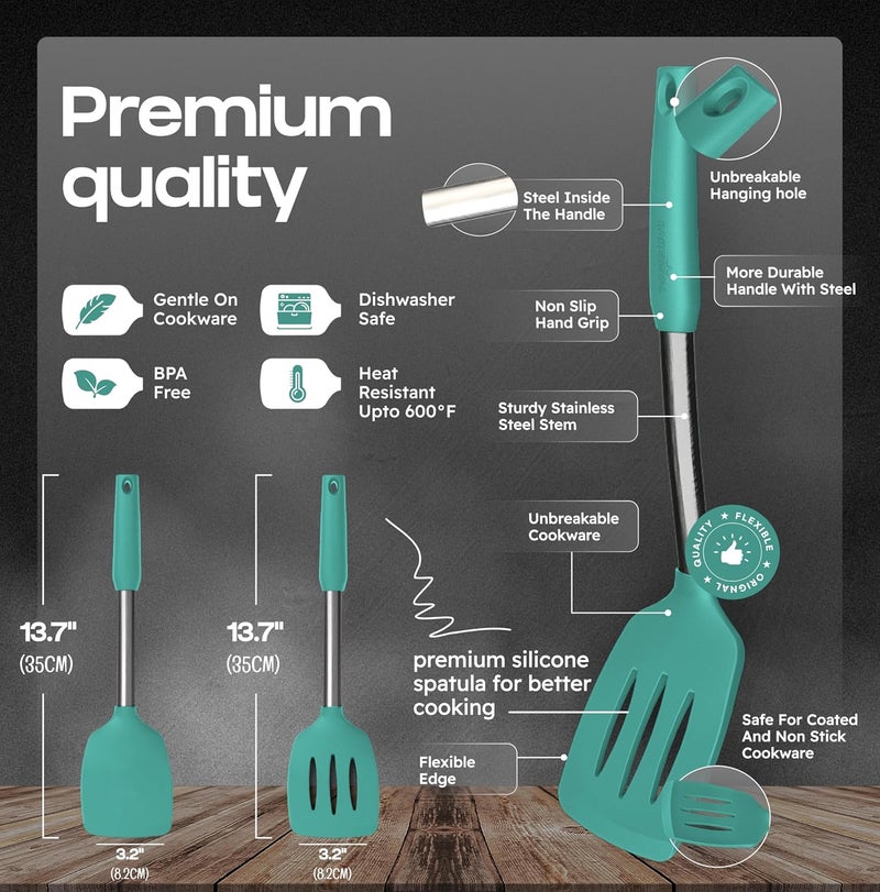 BAKEROYAL Silicone Spatula Set - Turner Spatulas Silicone Heat Resistant 600°F - Slotted & Solid Spatula for Cooking Fish, Eggs, Pancakes Flipper – Spatulas for kitchen use – Turquoise - Image 2