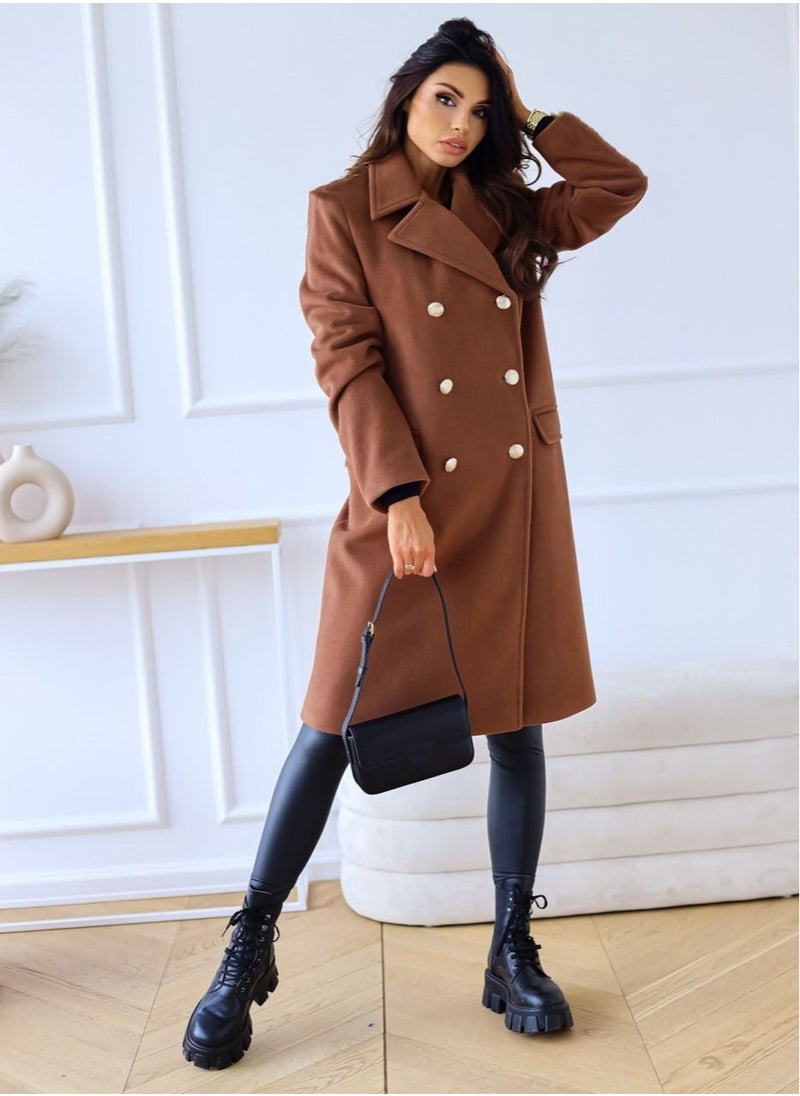 Loquat - New Women's Fashion Simple Long Sleeve Lapel Button Wool Overcoat - Image 1