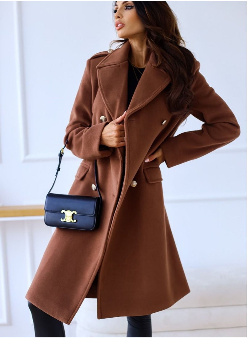 Loquat - New Women's Fashion Simple Long Sleeve Lapel Button Wool Overcoat - Image 1