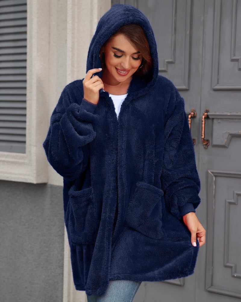 Argstar Navy Blue Cardigan Hoodie, Women's Fuzzy Fleece Open Front Jacket Coats with Pocket, One Size Fits All - Image 2