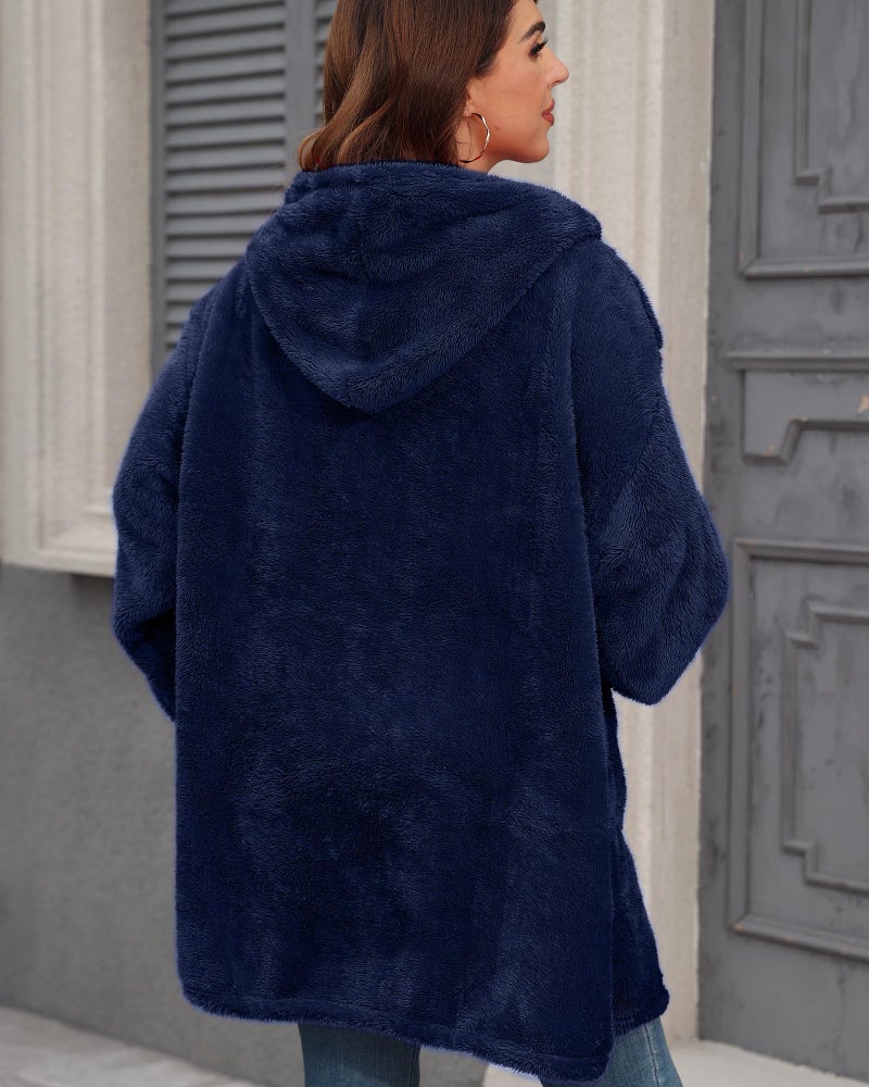 Argstar Navy Blue Cardigan Hoodie, Women's Fuzzy Fleece Open Front Jacket Coats with Pocket, One Size Fits All - Image 3