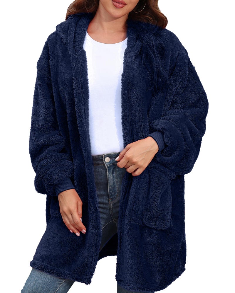 Argstar Navy Blue Cardigan Hoodie, Women's Fuzzy Fleece Open Front Jacket Coats with Pocket, One Size Fits All - Image 1