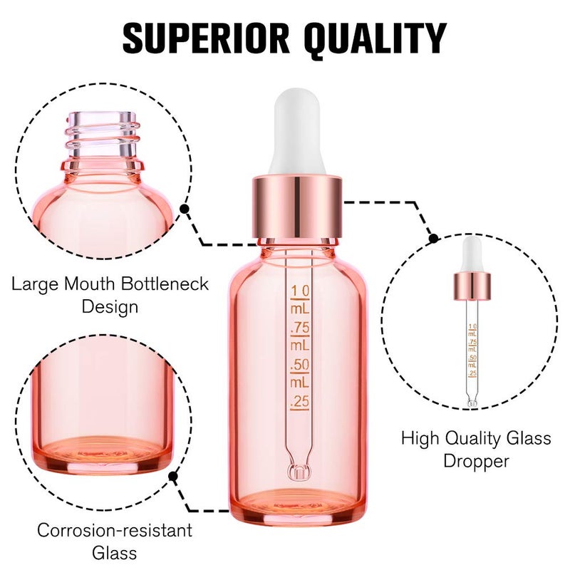 PrettyCare Glass Eye Dropper Bottles 24 Pack, 1oz (30ml) Rose Empty Thick Bottles Bulk with Leakproof Caps - With Labels & Funnels for Storage, Travel, Essential Oils, Cuticle Oils, Tinctures - Image 5