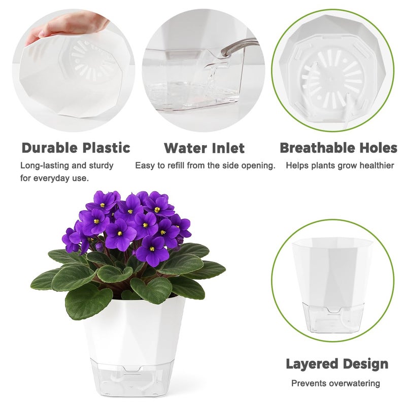 Planterhoma 5 Pack Self Watering Plant Pots 6.7 Inches Self Watering Planters for Indoor and Outdoor Plants African Violet Self Watering Pots Clear Pots for Plants Herb Orchid Flower Houseplant Pots, White - Image 3