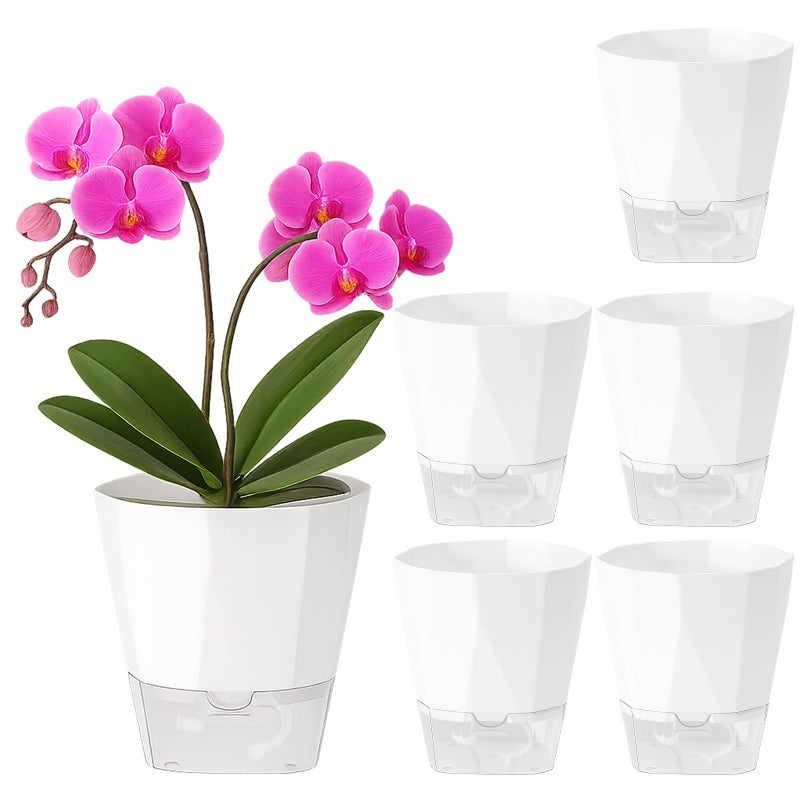 Planterhoma 5 Pack Self Watering Plant Pots 6.7 Inches Self Watering Planters for Indoor and Outdoor Plants African Violet Self Watering Pots Clear Pots for Plants Herb Orchid Flower Houseplant Pots, White - Image 1