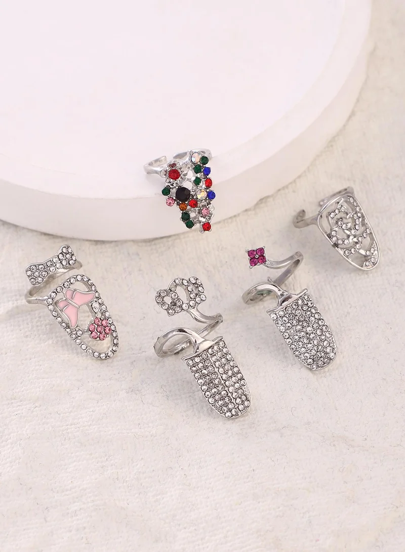 Women The Regal-Papillon Nail Ring Set | Metallic  Colour | Set Of 5 | One-Size | Artificial Stone Alloy Material | Adjustable Closure | Ring For Casual & Evening Wear